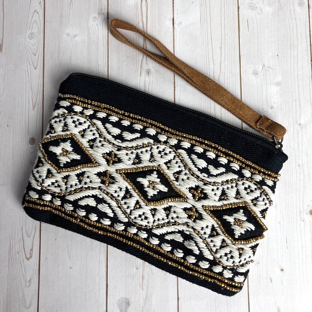 Panache Beaded Geometric Wristlet Clutch Makeup Bag Embroidered Boho Aztec